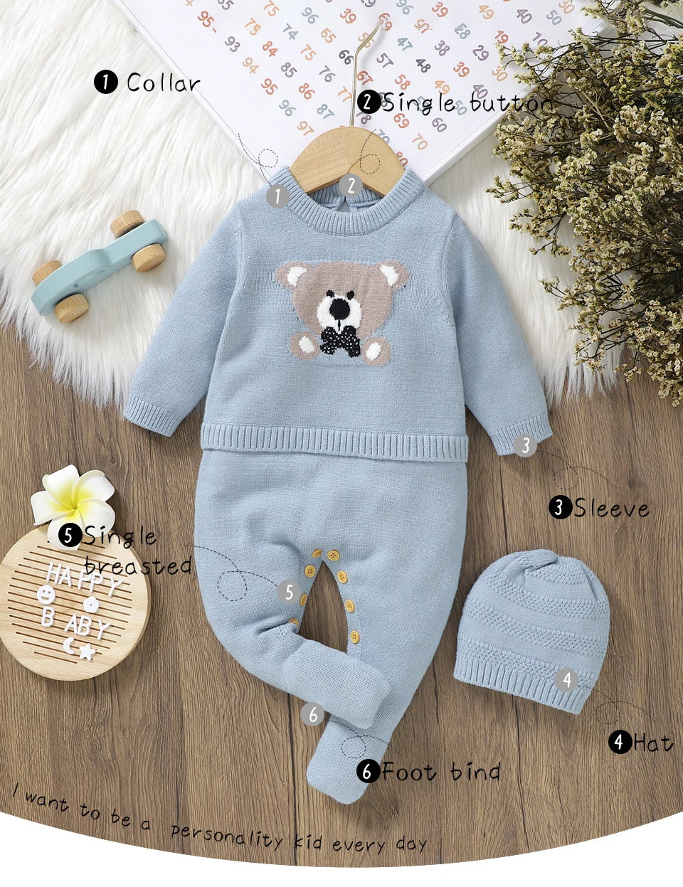 Baby Knitted Romper & Hat Set (0–18M) – Long Sleeve Outfit