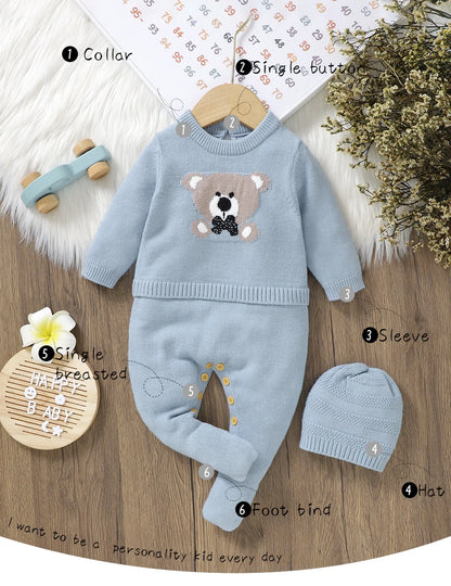 Baby Knitted Romper & Hat Set (0–18M) – Long Sleeve Outfit