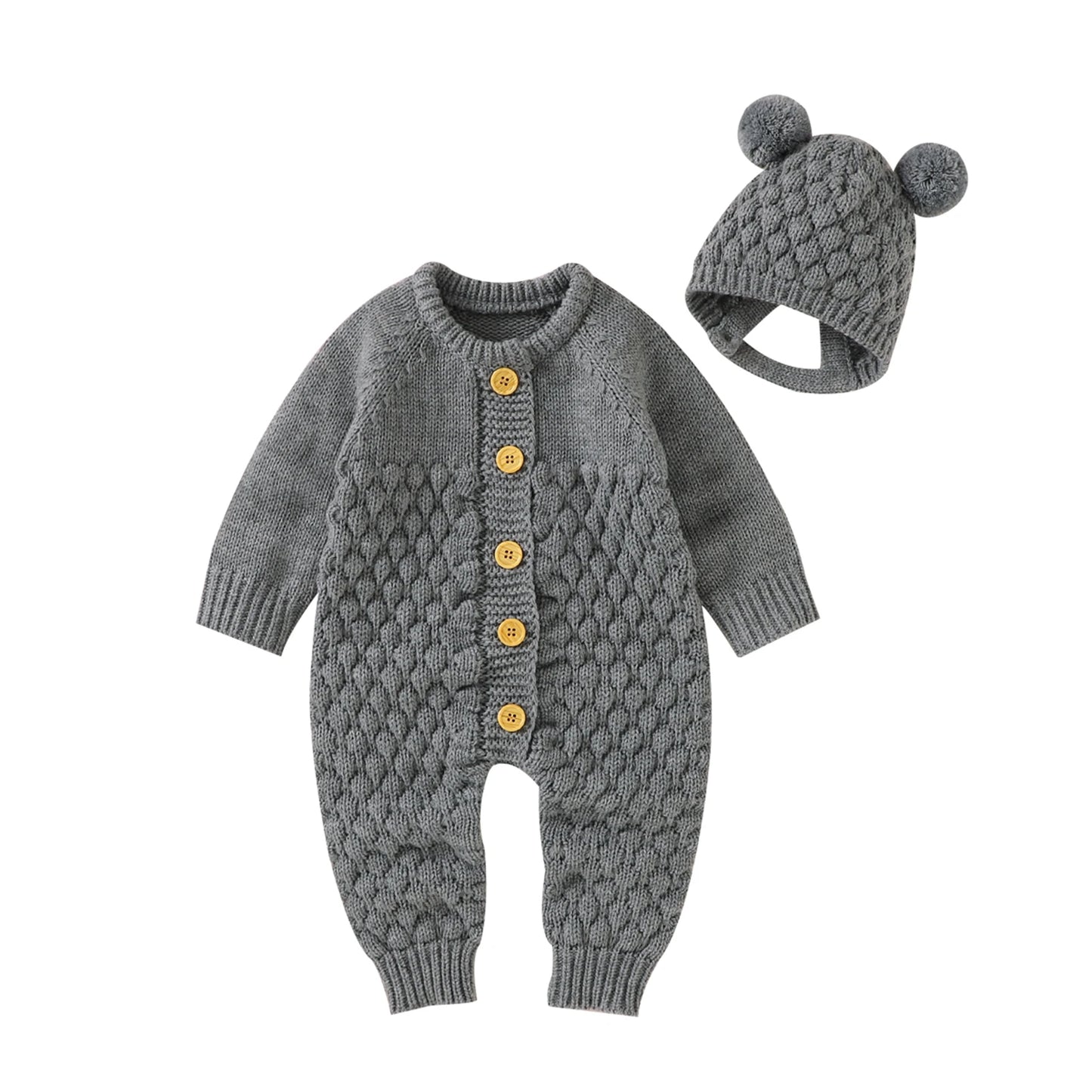 2PCS Infant Winter Outfit – Baby Knitted Jumpsuit with Bear Hat