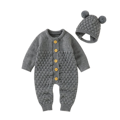 2PCS Infant Winter Outfit – Baby Knitted Jumpsuit with Bear Hat