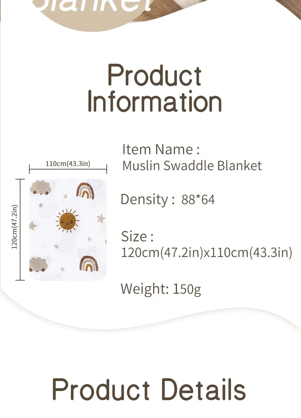 Baby Muslin Swaddle Blanket – Bamboo Cotton 120×110cm