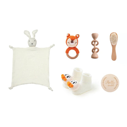 7 PCS Baby Shower Gift Set – Double-Sided Cotton Blanket, Bath Accessories & Wooden Crochet Rattle