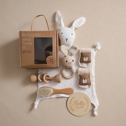7 PCS Baby Shower Gift Set – Double-Sided Cotton Blanket, Bath Accessories & Wooden Crochet Rattle