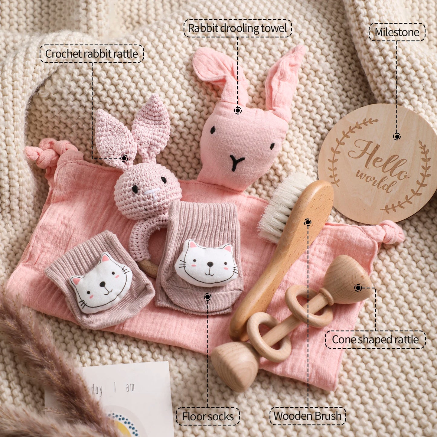 7 PCS Baby Shower Gift Set – Double-Sided Cotton Blanket, Bath Accessories & Wooden Crochet Rattle
