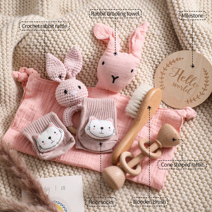 7 PCS Baby Shower Gift Set – Double-Sided Cotton Blanket, Bath Accessories & Wooden Crochet Rattle