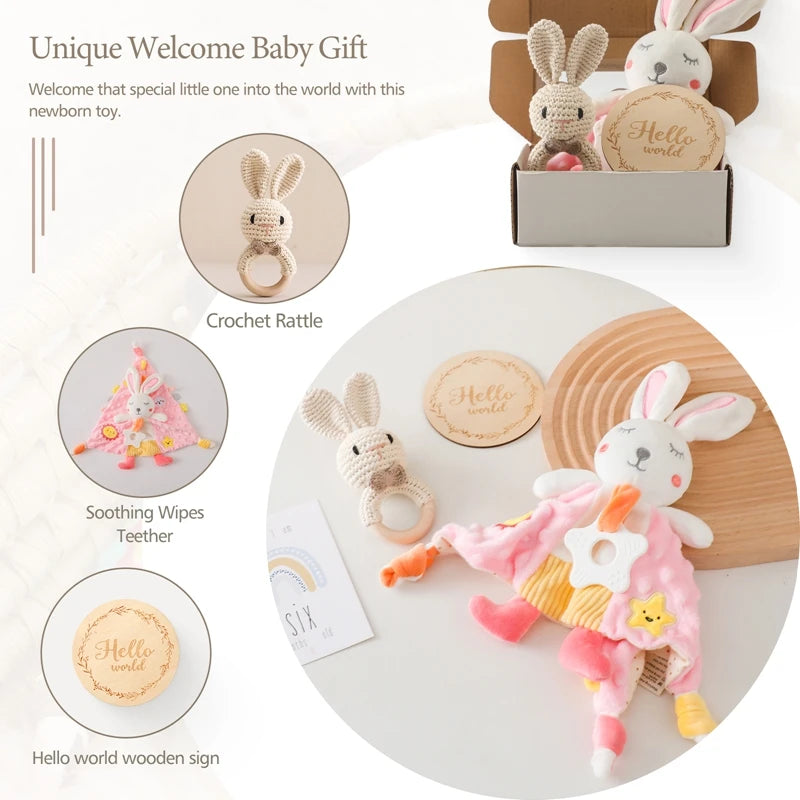 Baby Rattle & Teether Set – Soft Cotton Animal Toy with Crochet Sensory Doll