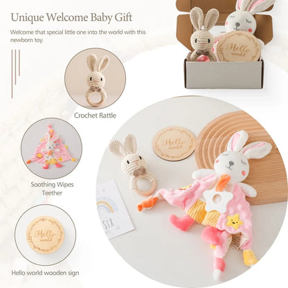 Baby Rattle & Teether Set – Soft Cotton Animal Toy with Crochet Sensory Doll