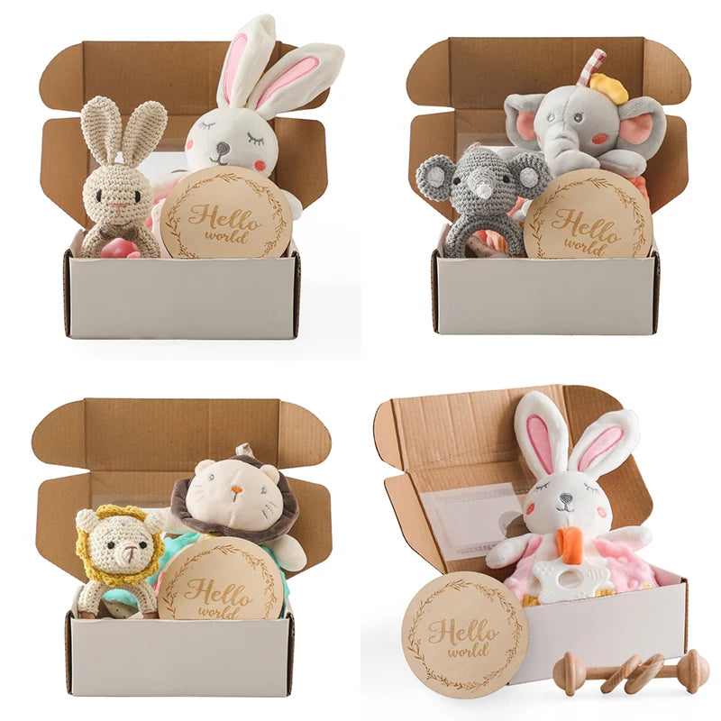 Baby Rattle & Teether Set – Soft Cotton Animal Toy with Crochet Sensory Doll