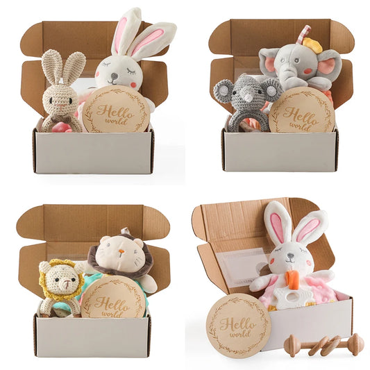 Baby Rattle & Teether Set – Soft Cotton Animal Toy with Crochet Sensory Doll