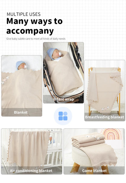 Floral Embroidered Baby Cotton Blanket – Knitted Newborn Cover