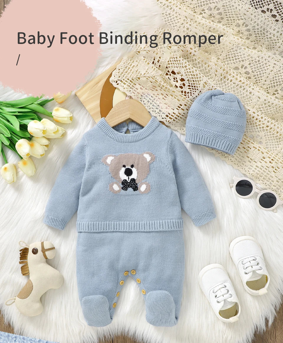 Baby Knitted Romper & Hat Set (0–18M) – Long Sleeve Outfit