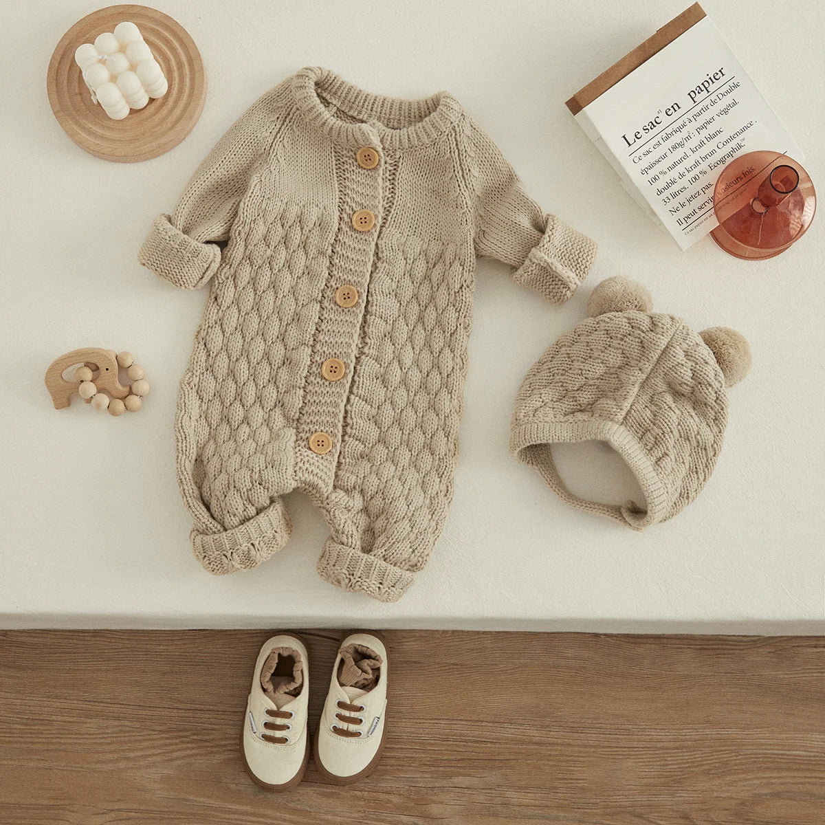 2PCS Infant Winter Outfit – Baby Knitted Jumpsuit with Bear Hat