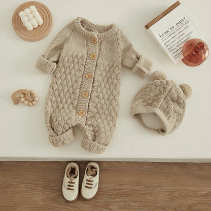 2PCS Infant Winter Outfit – Baby Knitted Jumpsuit with Bear Hat