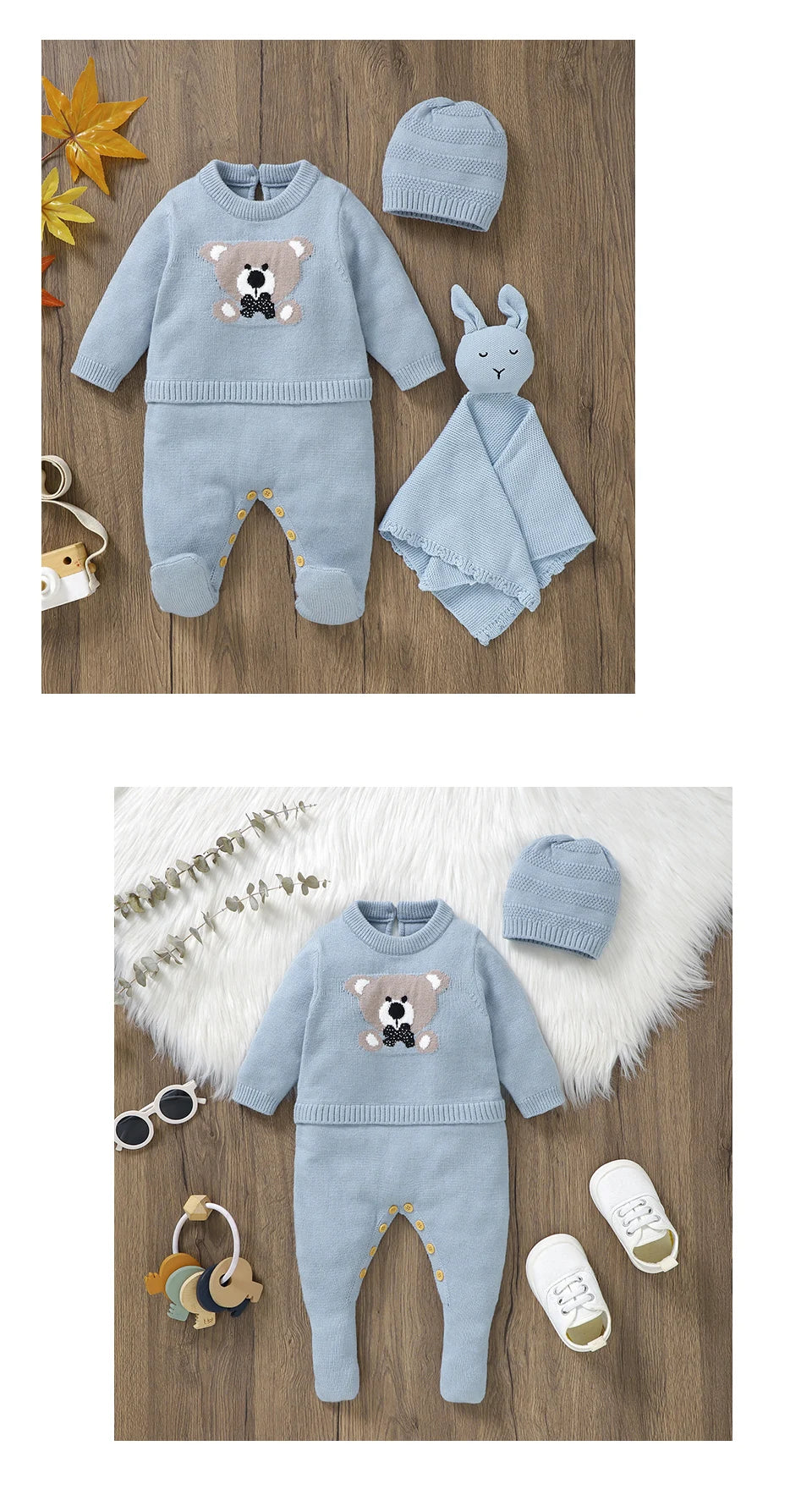 Baby Knitted Romper & Hat Set (0–18M) – Long Sleeve Outfit