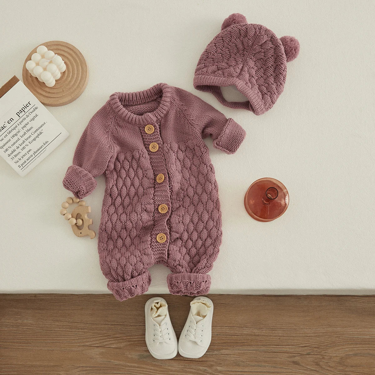2PCS Infant Winter Outfit – Baby Knitted Jumpsuit with Bear Hat
