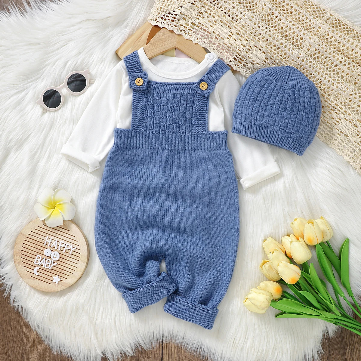 Baby Romper & Hat Set (0–18M) – Solid Color Knitted Outfit - Lumuana