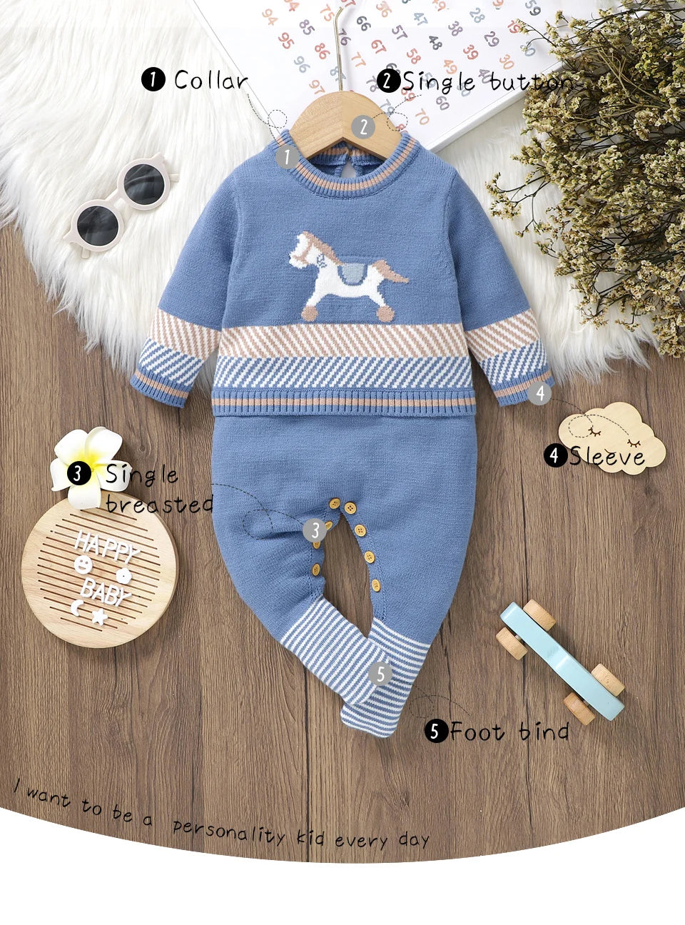 Baby Blue Knitted Romper – Long Sleeve One-Piece (0–24M)
