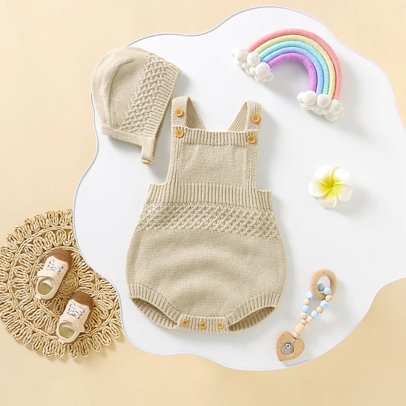 Baby Bodysuit Set (2pcs) – Sleeveless Solid Color Romper + Hat