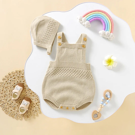Baby Bodysuit Set (2pcs) – Sleeveless Solid Color Romper + Hat