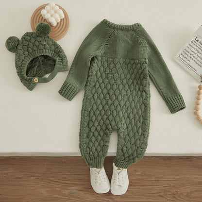 2PCS Infant Winter Outfit – Baby Knitted Jumpsuit with Bear Hat