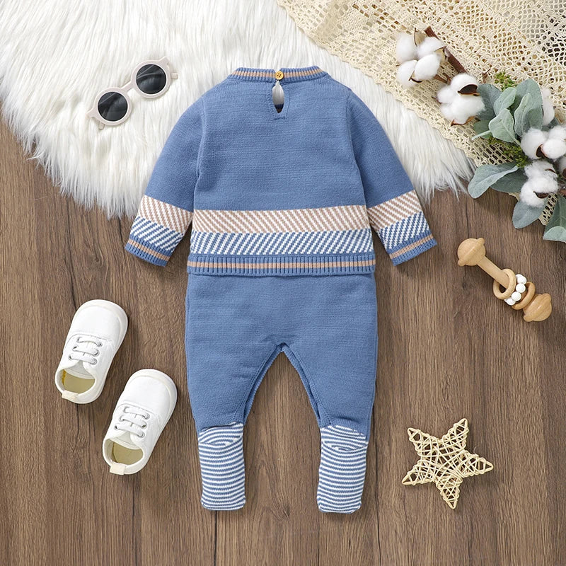 Baby Blue Knitted Romper – Long Sleeve One-Piece (0–24M)