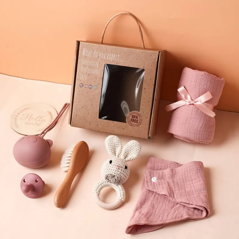 7PCS Baby Gift Set – Cotton Blanket, Towel, Bibs & Toys