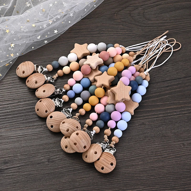Baby Teething Pacifier Clip with Wooden Beads