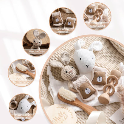 7 PCS Baby Shower Gift Set – Double-Sided Cotton Blanket, Bath Accessories & Wooden Crochet Rattle