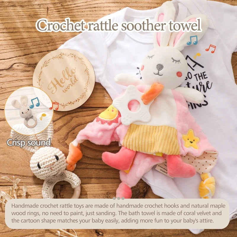 Baby Rattle & Teether Set – Soft Cotton Animal Toy with Crochet Sensory Doll