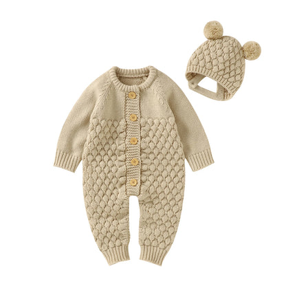 2PCS Infant Winter Outfit – Baby Knitted Jumpsuit with Bear Hat