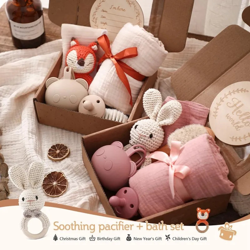 7PCS Baby Gift Set – Cotton Blanket, Towel, Bibs & Toys