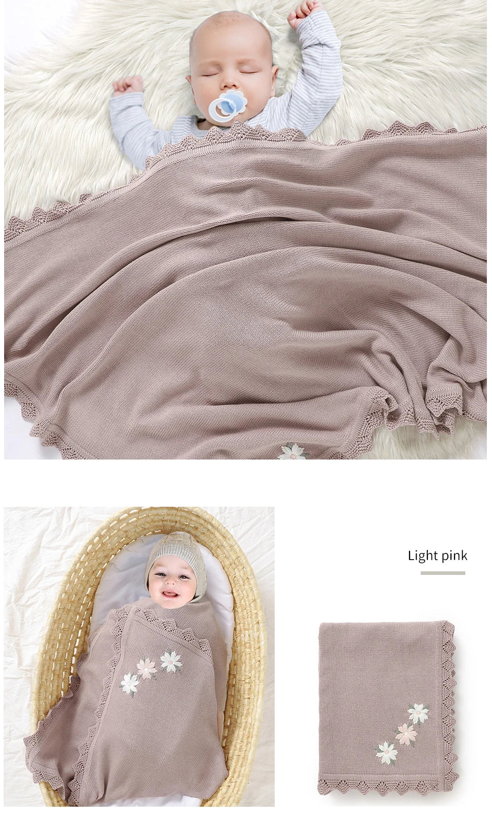 Floral Embroidered Baby Cotton Blanket – Knitted Newborn Cover