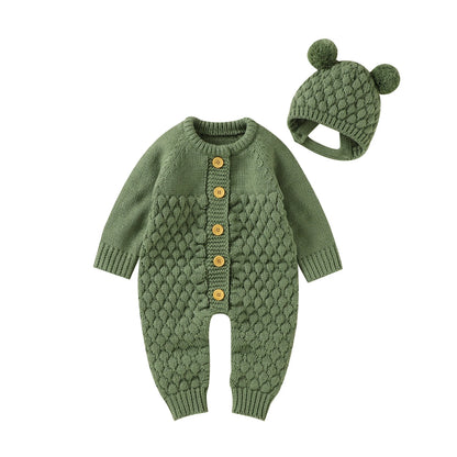 2PCS Infant Winter Outfit – Baby Knitted Jumpsuit with Bear Hat
