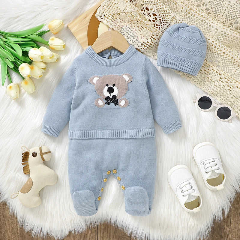 Baby Knitted Romper & Hat Set (0–18M) – Long Sleeve Outfit