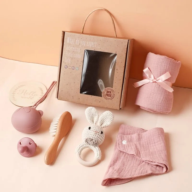 7PCS Baby Gift Set – Cotton Blanket, Towel, Bibs & Toys