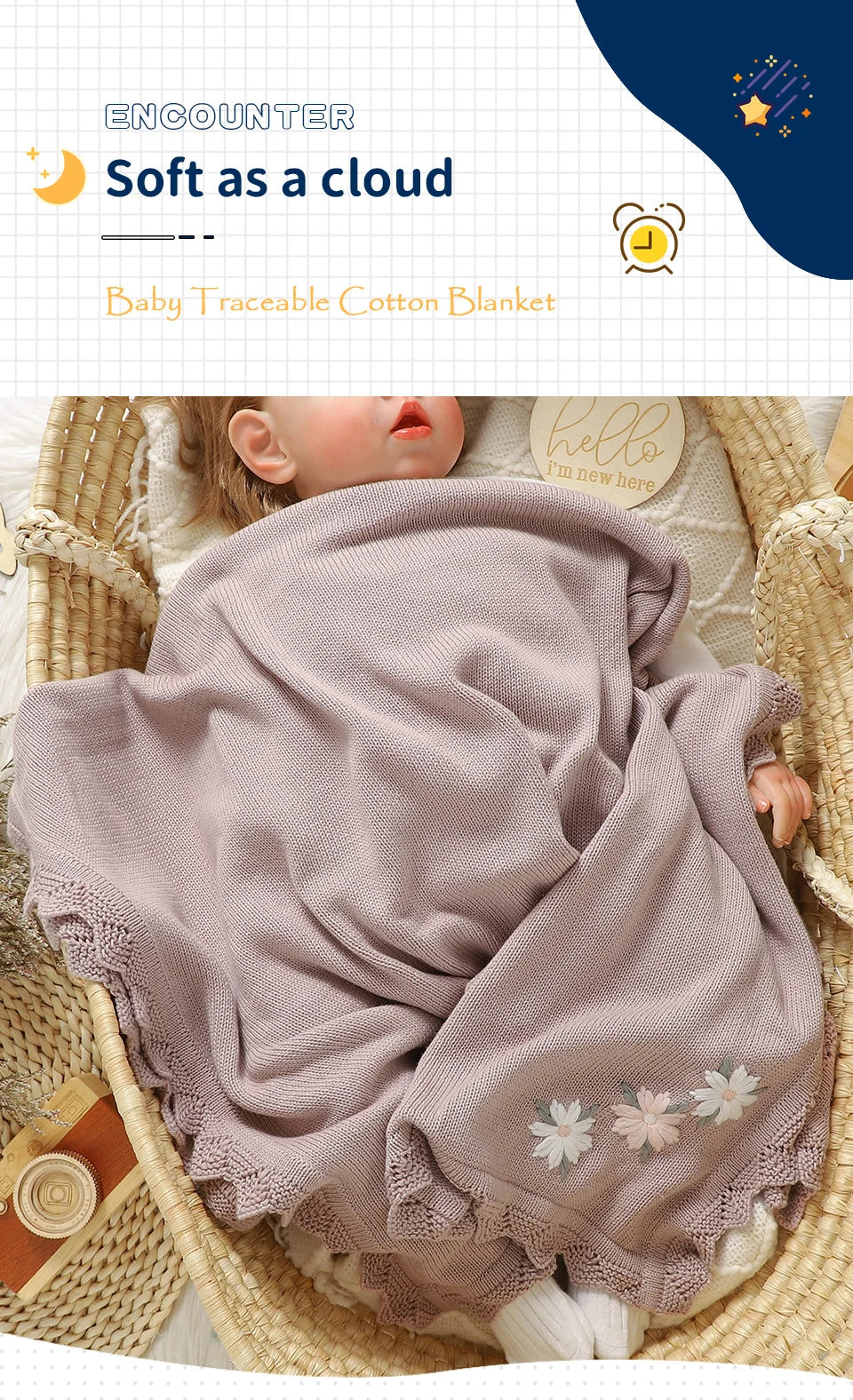 Floral Embroidered Baby Cotton Blanket – Knitted Newborn Cover