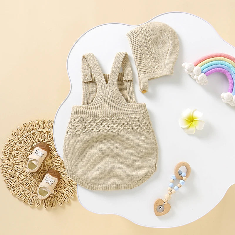 Baby Bodysuit Set (2pcs) – Sleeveless Solid Color Romper + Hat