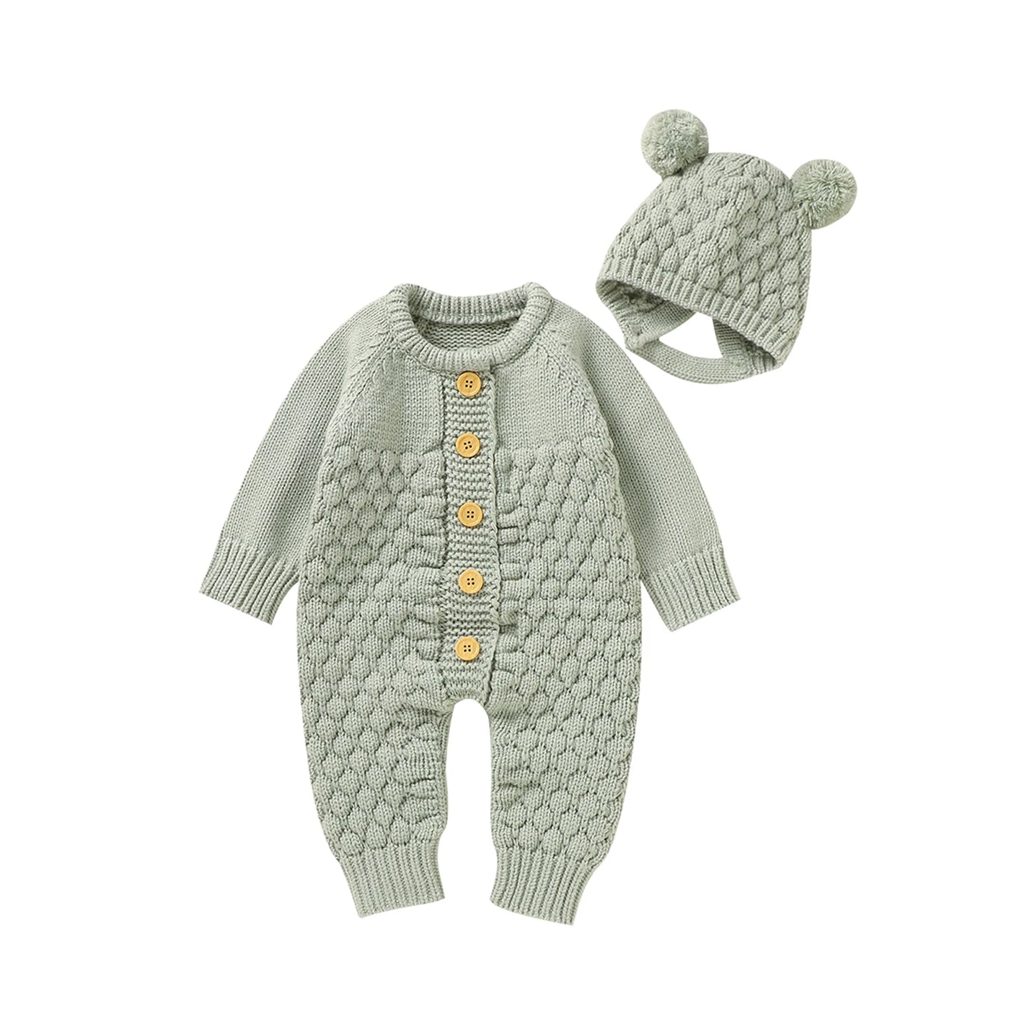 2PCS Infant Winter Outfit – Baby Knitted Jumpsuit with Bear Hat
