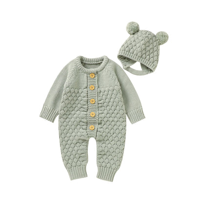 2PCS Infant Winter Outfit – Baby Knitted Jumpsuit with Bear Hat