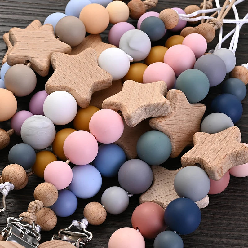 Baby Teething Pacifier Clip with Wooden Beads