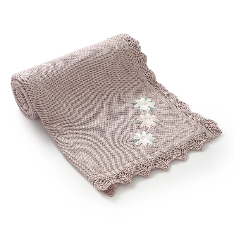 Floral Embroidered Baby Cotton Blanket – Knitted Newborn Cover