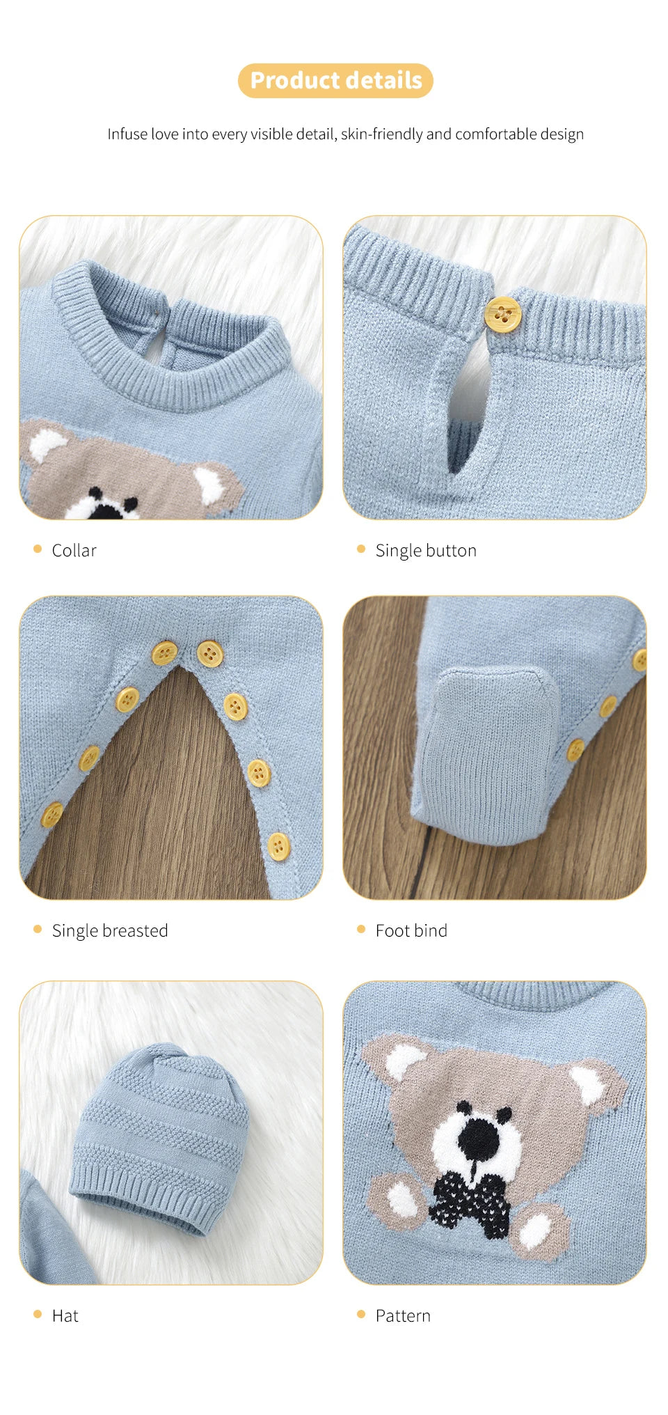 Baby Knitted Romper & Hat Set (0–18M) – Long Sleeve Outfit
