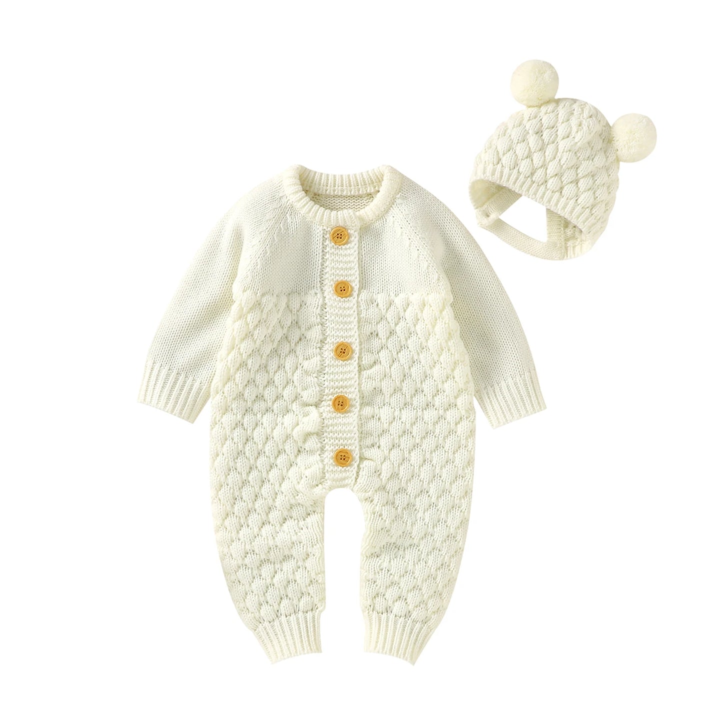2PCS Infant Winter Outfit – Baby Knitted Jumpsuit with Bear Hat
