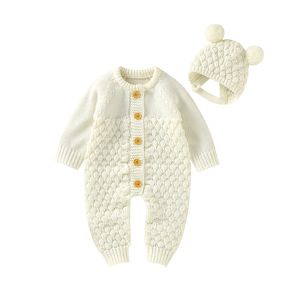 2PCS Infant Winter Outfit – Baby Knitted Jumpsuit with Bear Hat