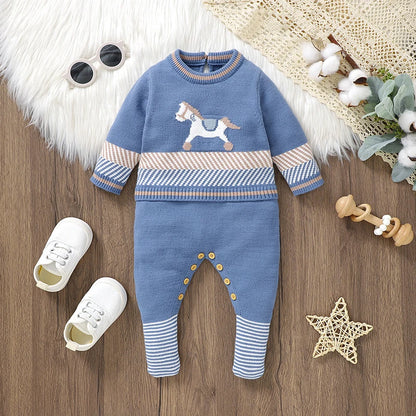 Baby Blue Knitted Romper – Long Sleeve One-Piece (0–24M)