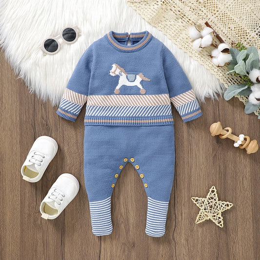 Baby Blue Knitted Romper – Long Sleeve One-Piece (0–24M)