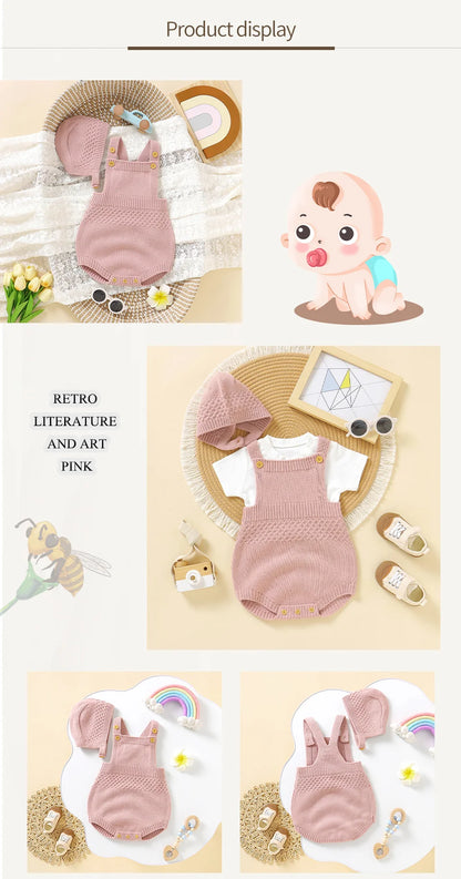 Baby Bodysuit Set (2pcs) – Sleeveless Solid Color Romper + Hat