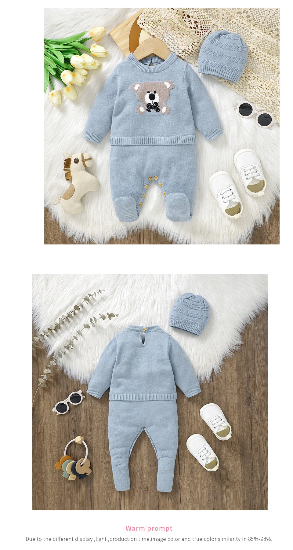 Baby Knitted Romper & Hat Set (0–18M) – Long Sleeve Outfit