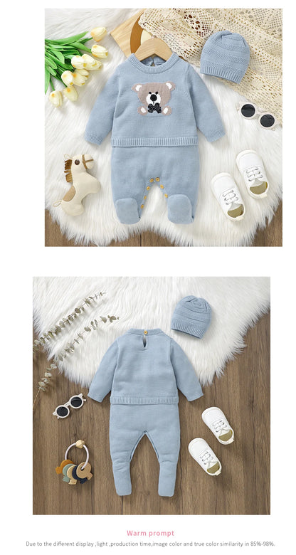 Baby Knitted Romper & Hat Set (0–18M) – Long Sleeve Outfit