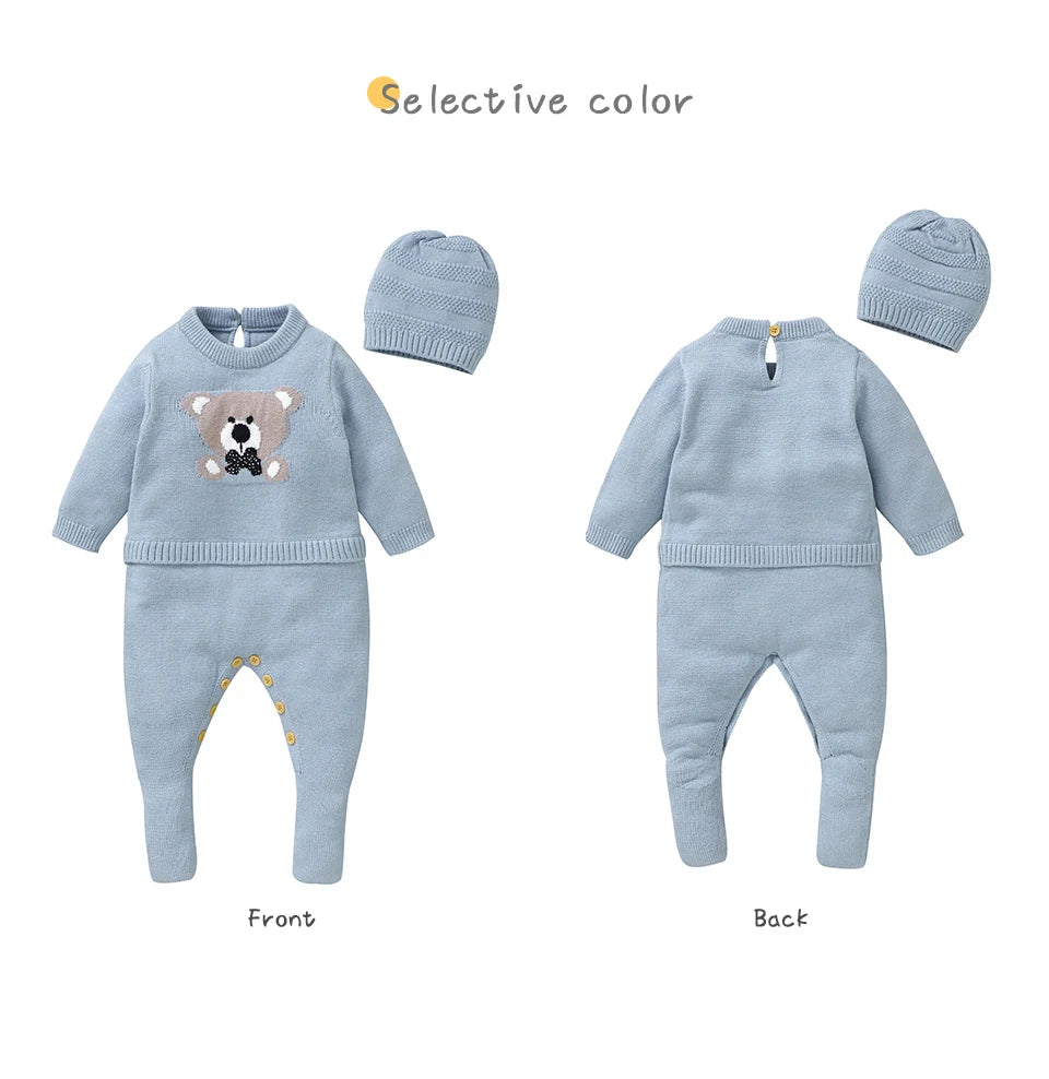 Baby Knitted Romper & Hat Set (0–18M) – Long Sleeve Outfit